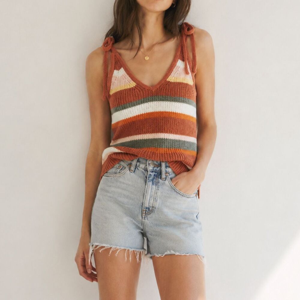 Madewell Grandfield Striped Sweater Tank Small Crochet Knit Boho Coastal Top